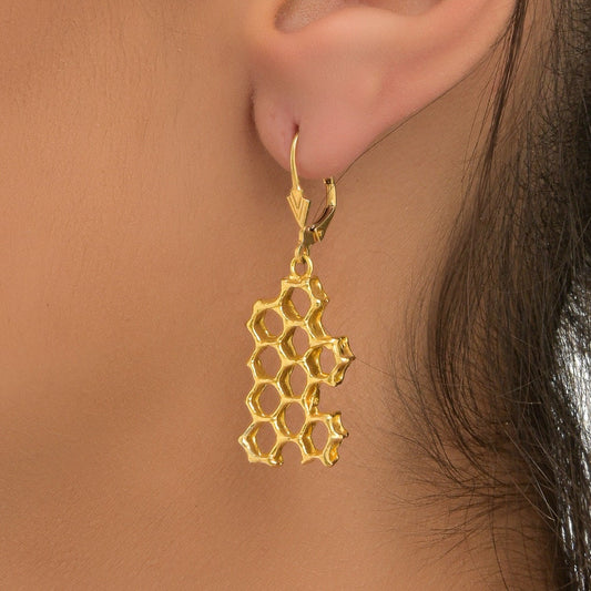 Honeycomb earrings. Gold plated Sterling silver statement earrings, symbol of community, brightness and personal power.