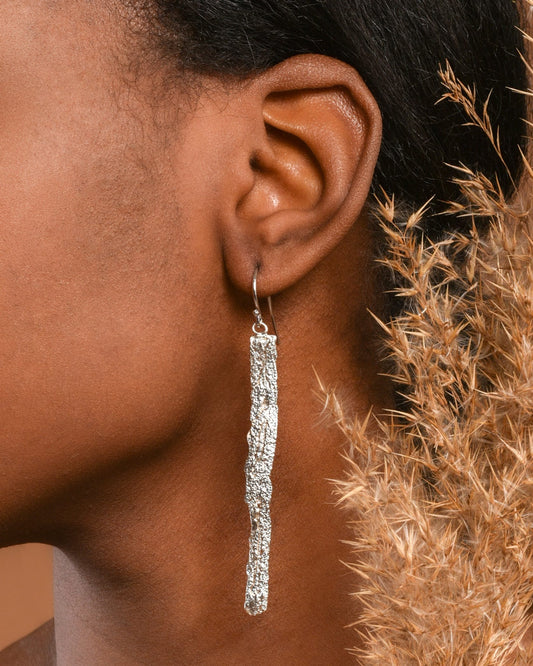 Sterling silver statement Tree bark Long Dangle Earrings.