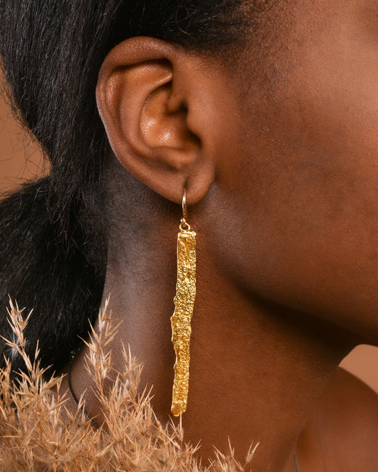 Tree bark Long Dangle Earrings.14k Gold plated on Sterling silver statement,