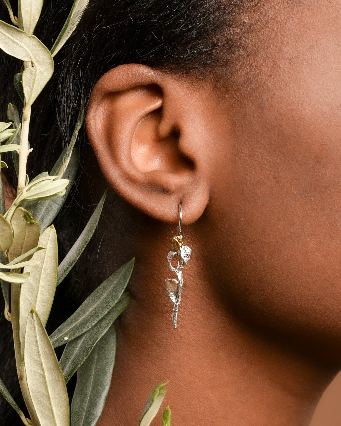 Gold black long Olive branch Earrings. Real plant casting in Sterling Silver 925