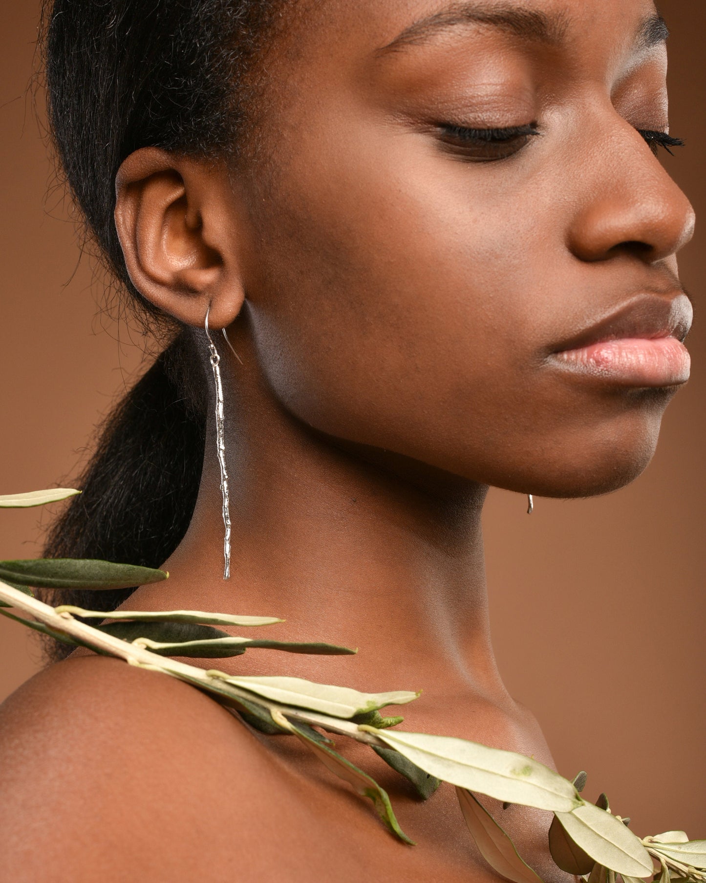 Earrings Thin and Long Olive Branch Earrings on Sterling Silver.