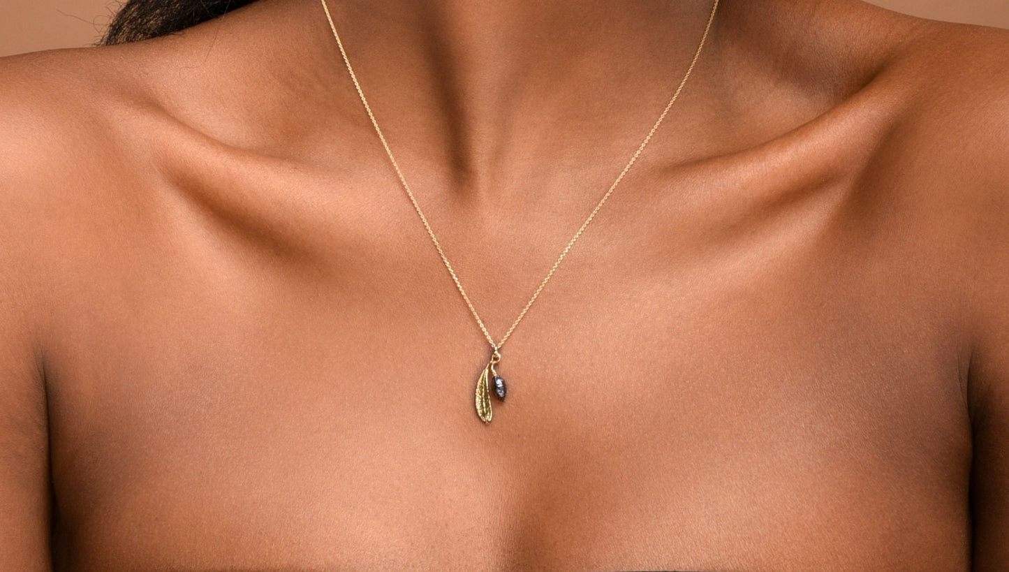 Dainty gold necklace with chain with Real Olive leaf and fruit 14K Gold plated and Black Rhodium on sterling silver