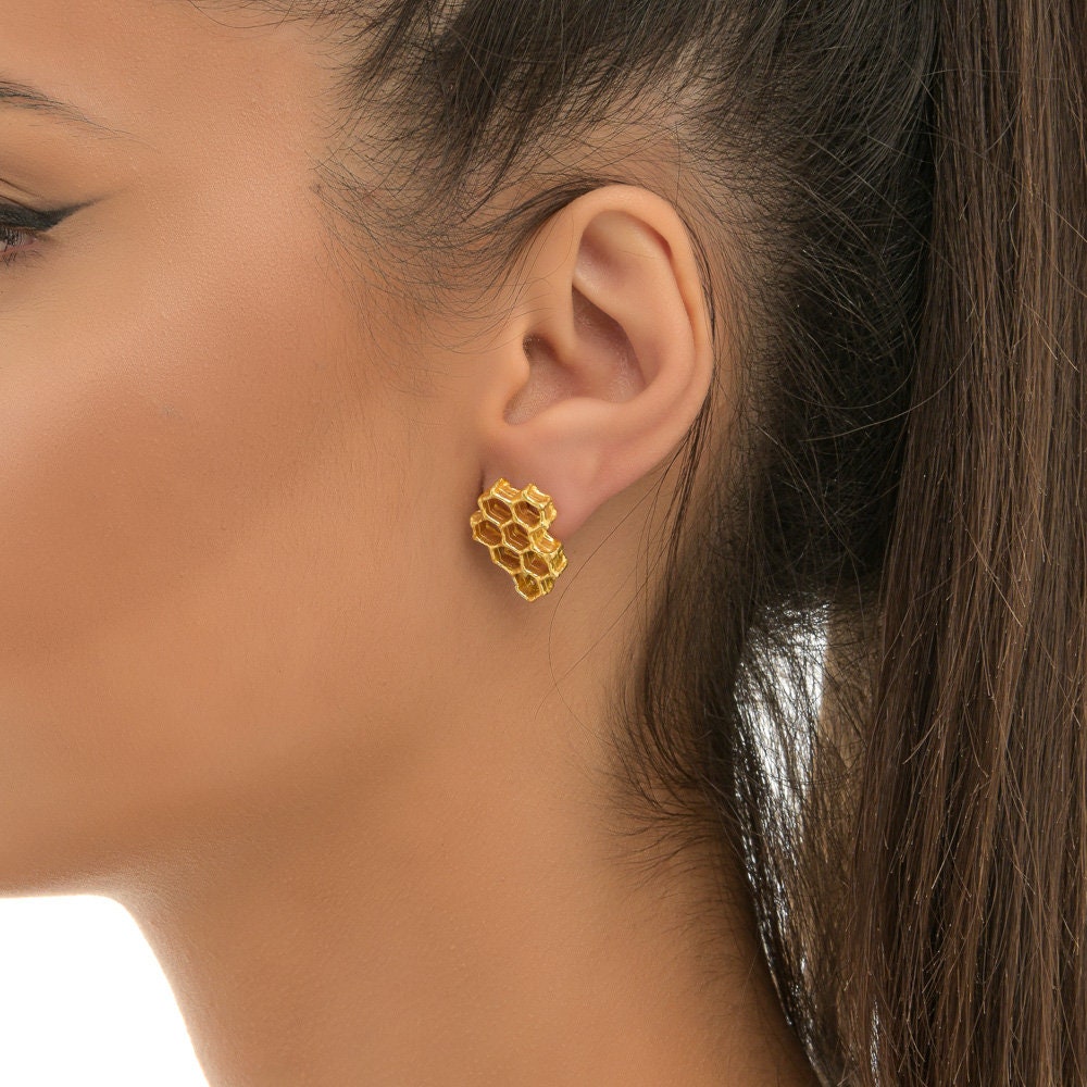 Gold Real honeycomb shelves Earrings. 18k Gold plated on sterling silver. Bee symbolizes community and personal power.