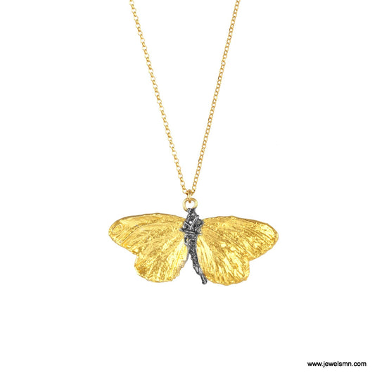 18k Gold plated butterfly necklace on sterling silver by Mother Nature Jewelry. Symbol of powerful transformation.