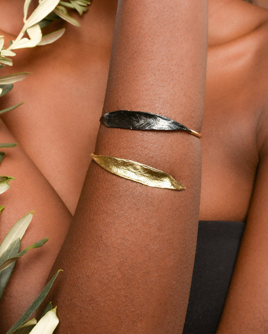 Olive Branch and leaves cuff Bracelet, 14k Gold plated and Black plated on recycled sterling silver, by Mother Nature Jewelry