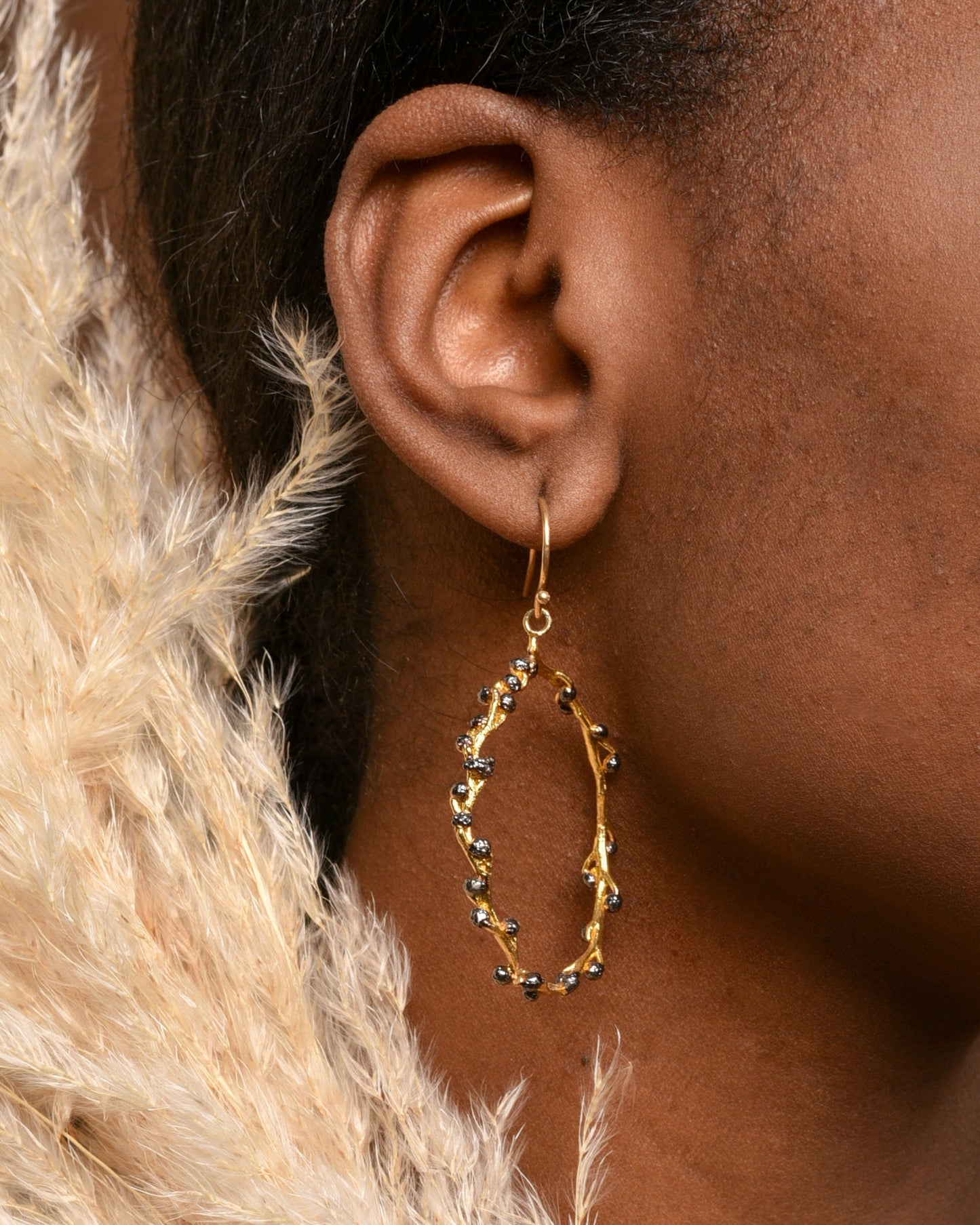 18k Gold plated hoop earrings for women. Gold twig & black rhodium buds, Real Mimosa Acacia branch,symbol of renewal,fortitude and pureness