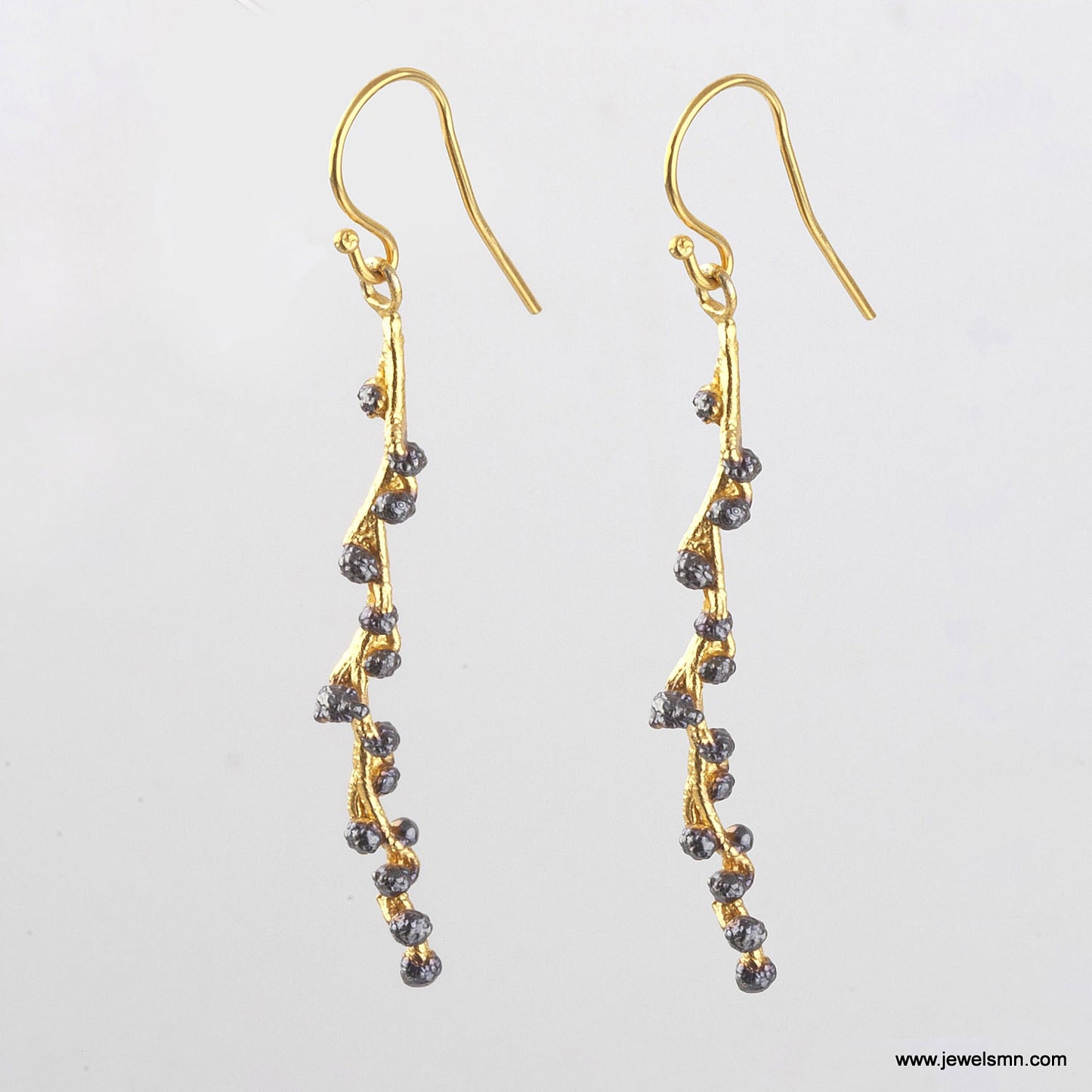 Mimosa pudica branch with flower buds earrings. Gold and black rhodium on sterling silver. Nature Symbol of renewal,fortitude and pureness