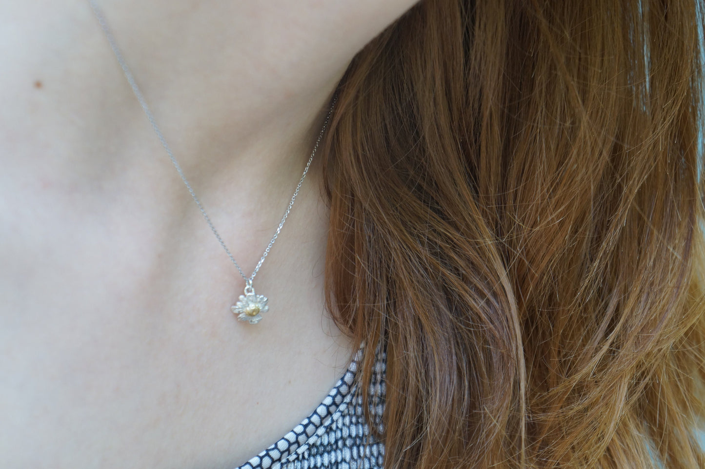 Tiny Chamomile flower charm necklace on chain. Recycled Sterling silver or 14k Gold on it by Mother Nature Jewelry.