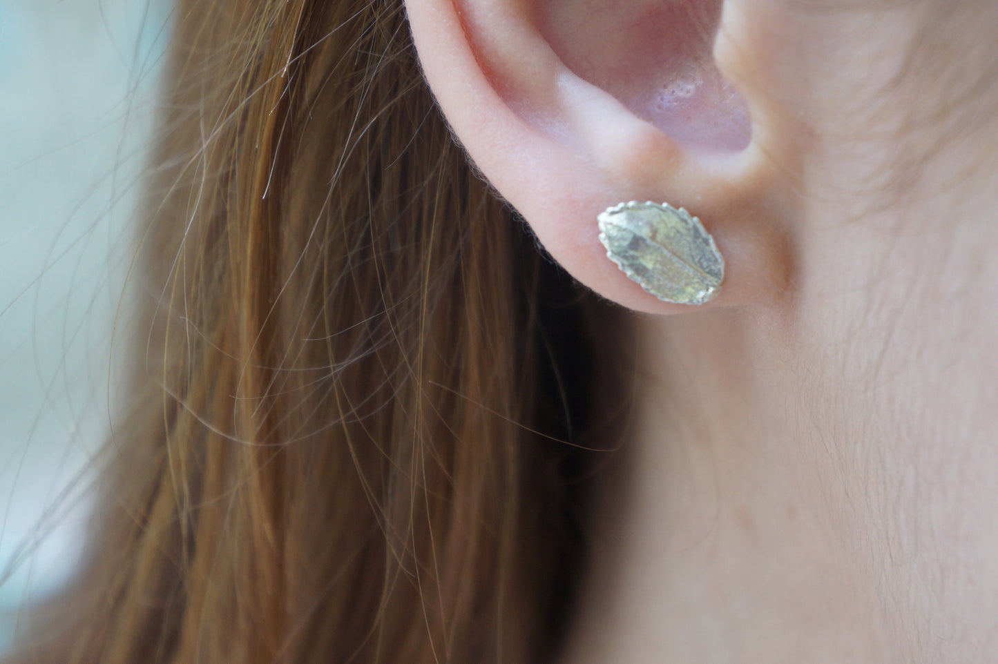 Gold stud earrings leaf, Mini Rose leaf Earrings 14k Gold plated on/ or sterling Silver.