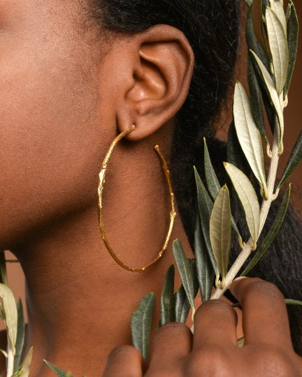 Large Silver earrings hoops in recycled Sterling silver. Olive tree twig of peace and physical and spiritual fertility. By Mother Nature