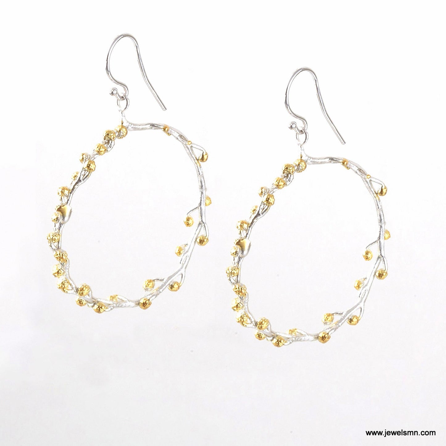 Mimosa twig with buds hoops earrings for Women.14k Gold plated on recycled sterling silver 925.Acacia-Mimosa is symbol of renewal,Fortitude