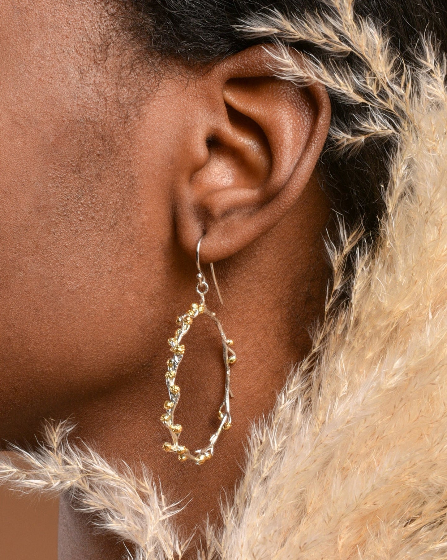 Mimosa twig with buds hoops earrings for Women.14k Gold plated on recycled sterling silver 925.Acacia-Mimosa is symbol of renewal,Fortitude