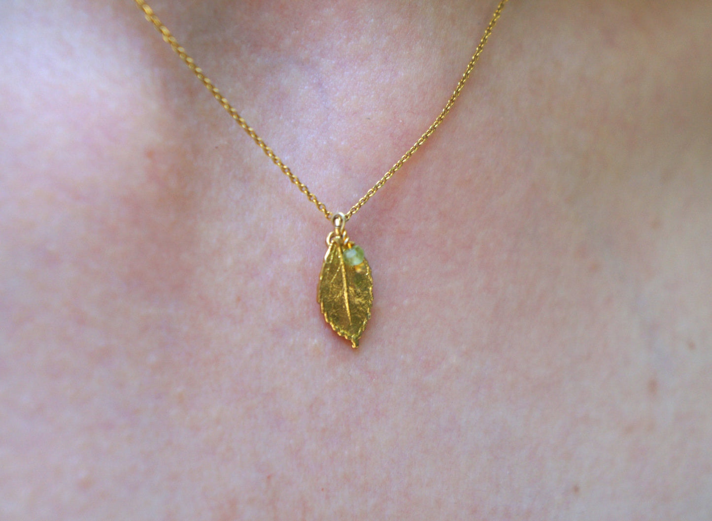 Tiny necklace Jewelry. Gold plated Rose leaf Necklace on sterling recycled silver.