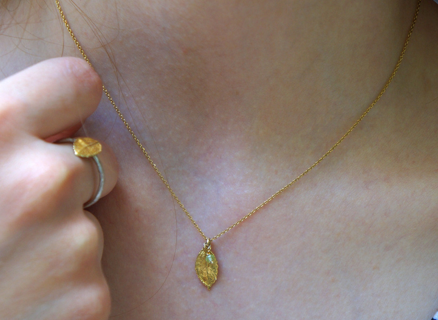 Tiny necklace Jewelry. Gold plated Rose leaf Necklace on sterling recycled silver.