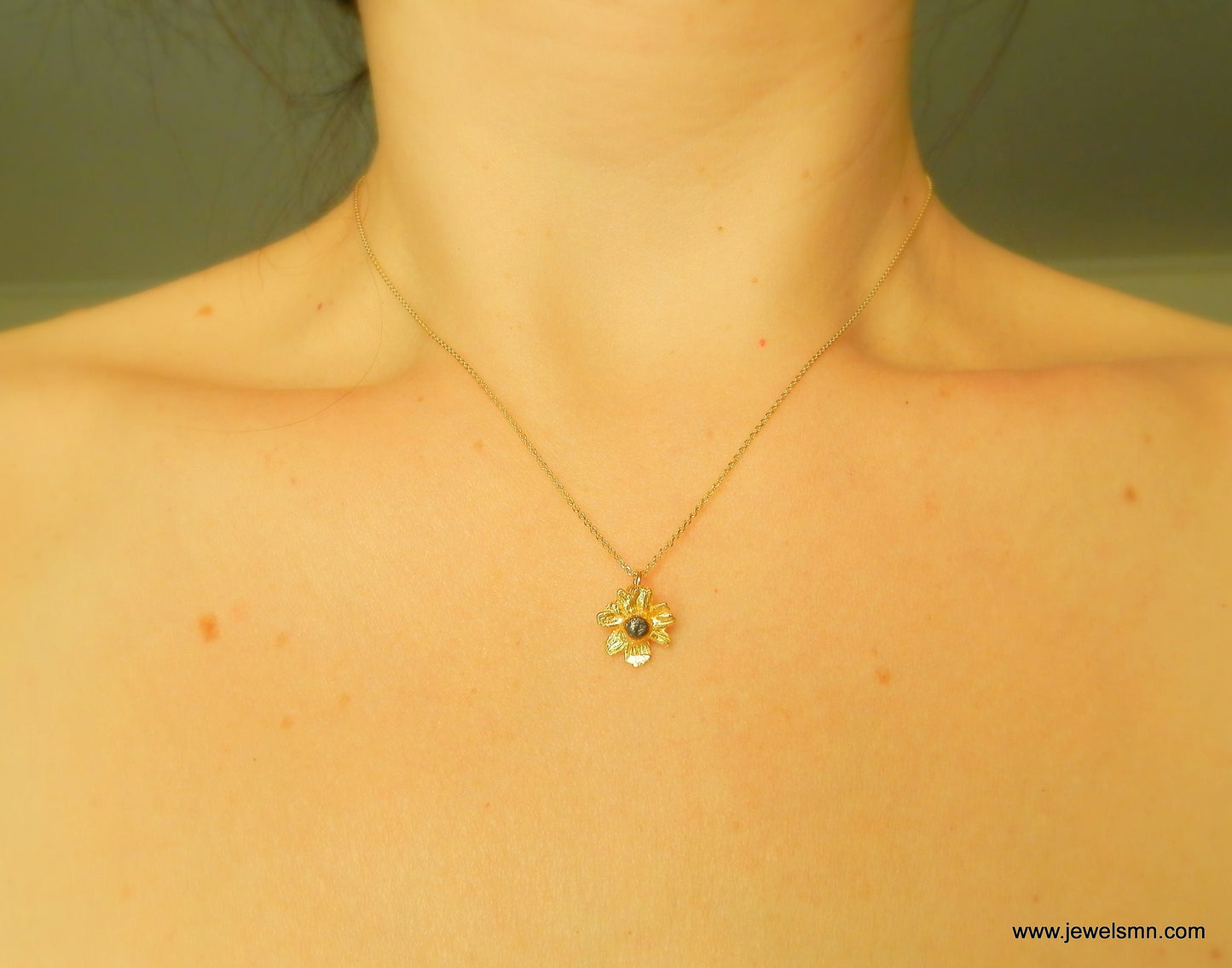 Tiny Chamomile flower charm necklace on chain. Recycled Sterling silver or 14k Gold on it by Mother Nature Jewelry.