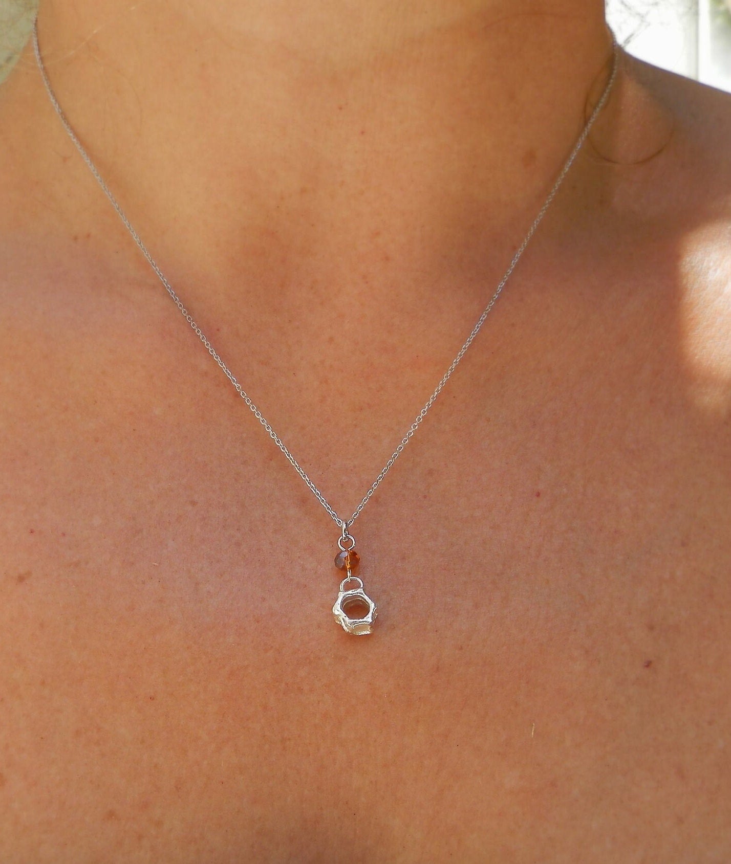 Minimal tiny Real honeycomb with brown little stone necklace in Sterling silver with delicate silver chain.