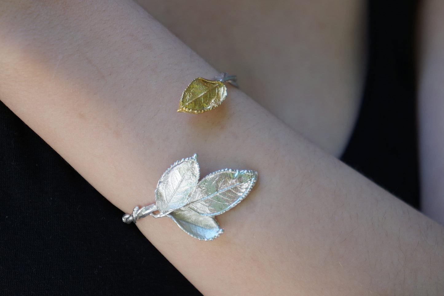 Rose Leaf bracelet in sterling recycled silver 925,Wide cuff Goldplated.