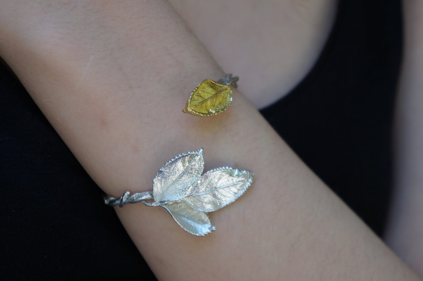 Rose Leaf bracelet in sterling recycled silver 925,Wide cuff Goldplated.