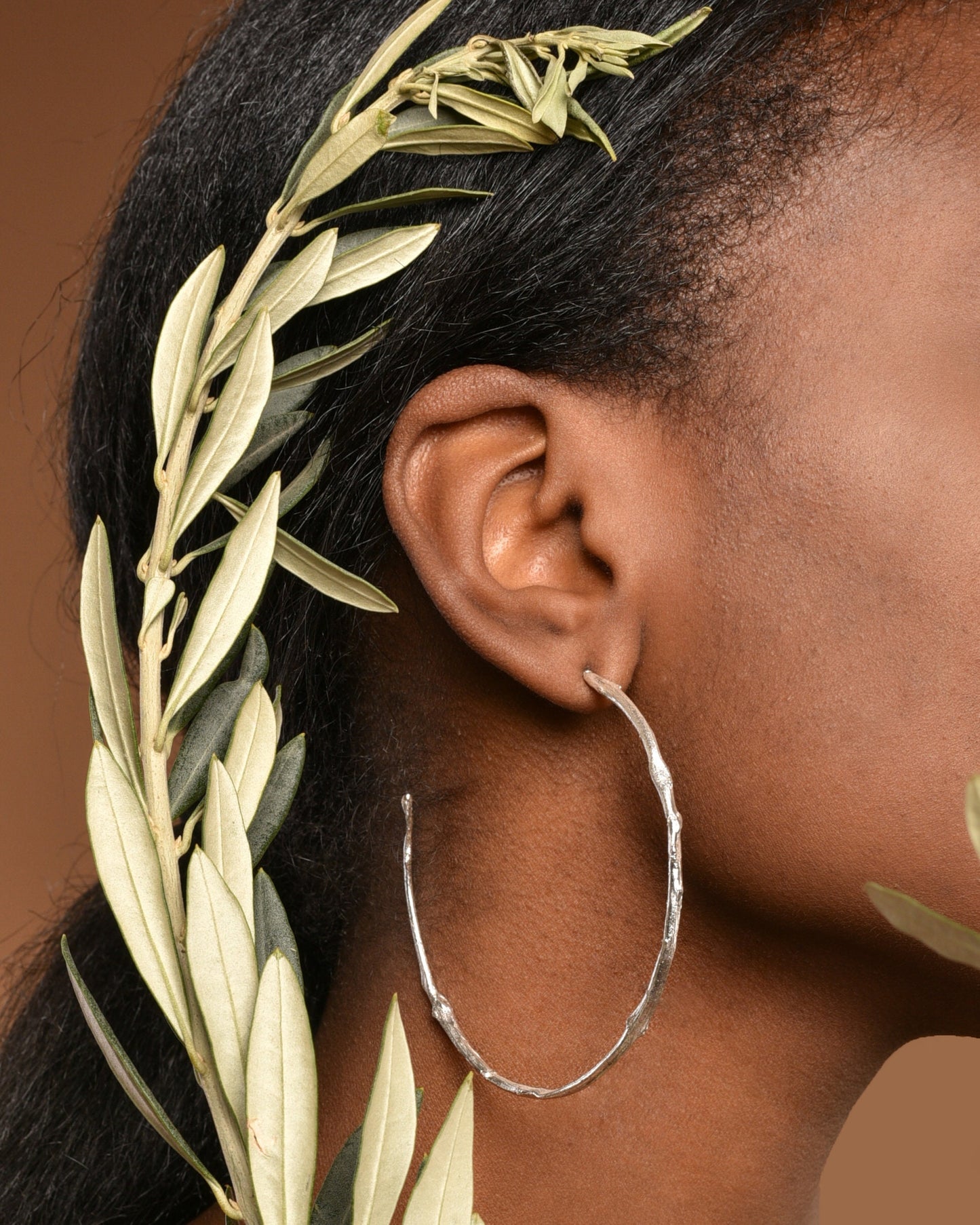 Large Silver earrings hoops in recycled Sterling silver. Olive tree twig of peace and physical and spiritual fertility. By Mother Nature