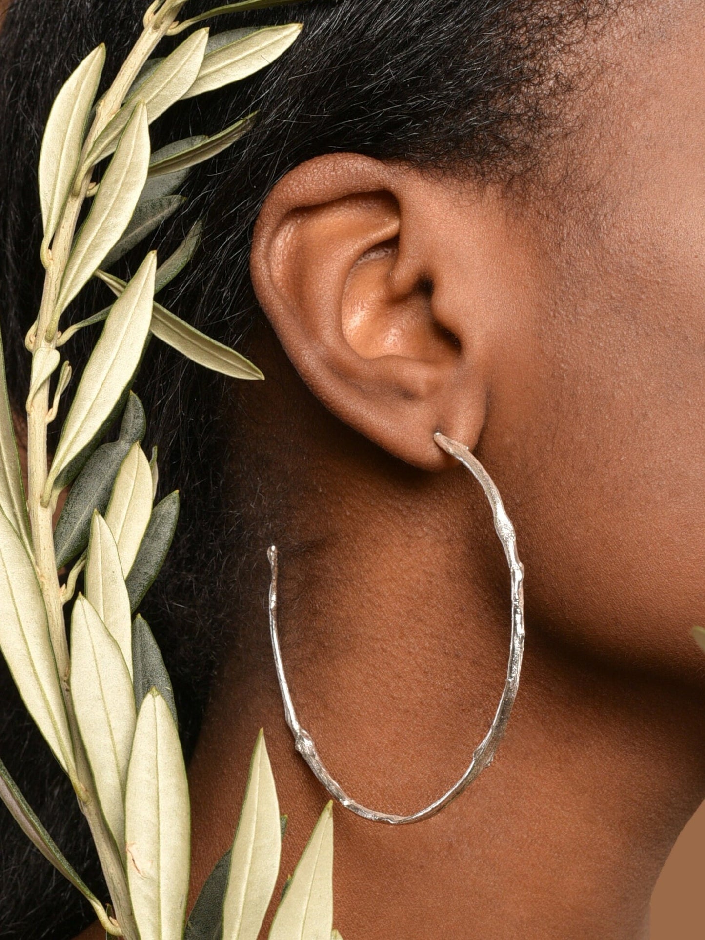 Large Silver earrings hoops in recycled Sterling silver. Olive tree twig of peace and physical and spiritual fertility. By Mother Nature