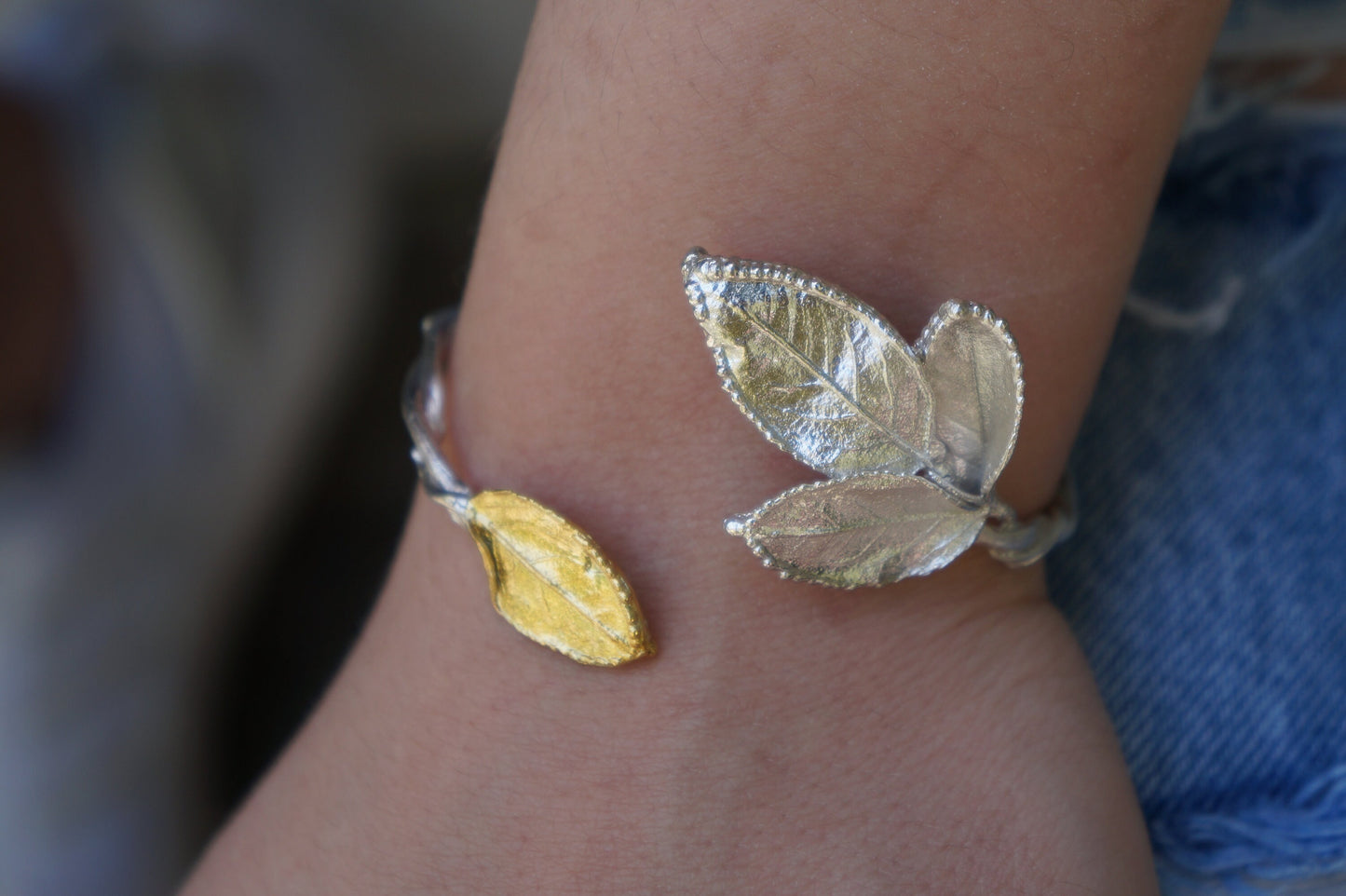 Rose Leaf bracelet in sterling recycled silver 925,Wide cuff Goldplated.