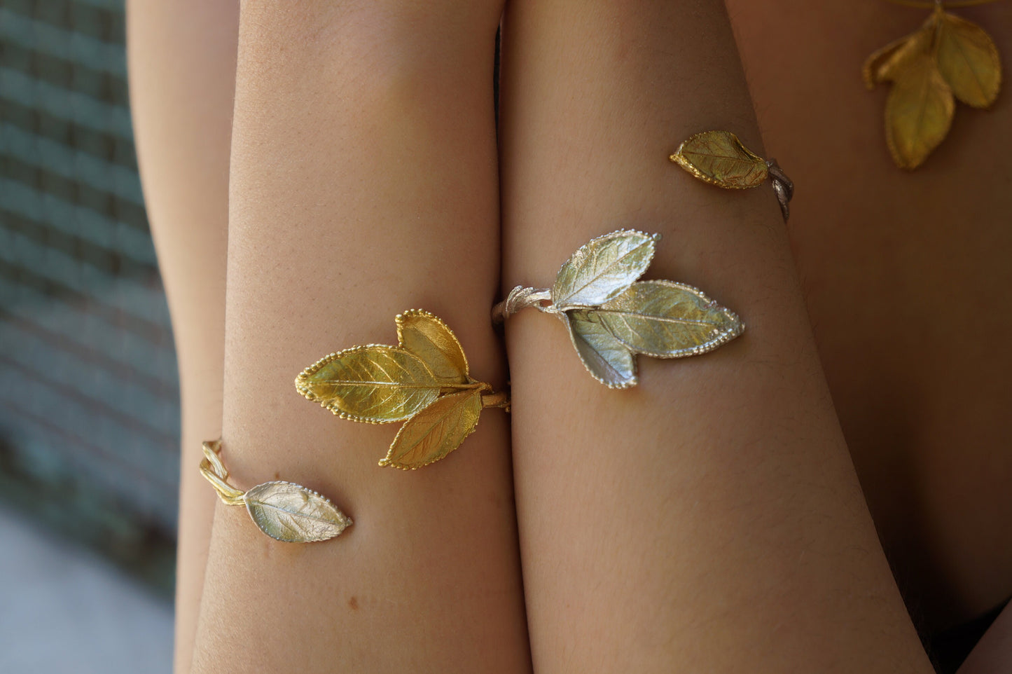 Rose Leaf bracelet in sterling recycled silver 925,Wide cuff Goldplated.