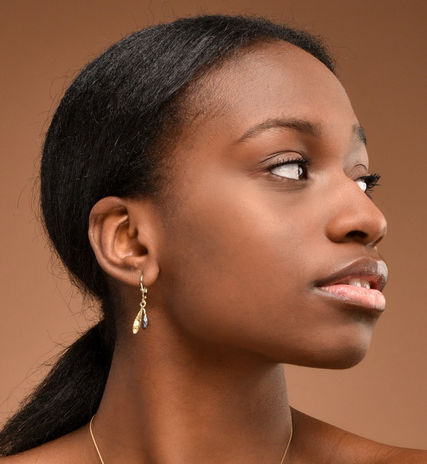 Real Small Olive leaf and fruit Dangle earrings for women 14k Goldplated and Black Rhodium on sterling silver.