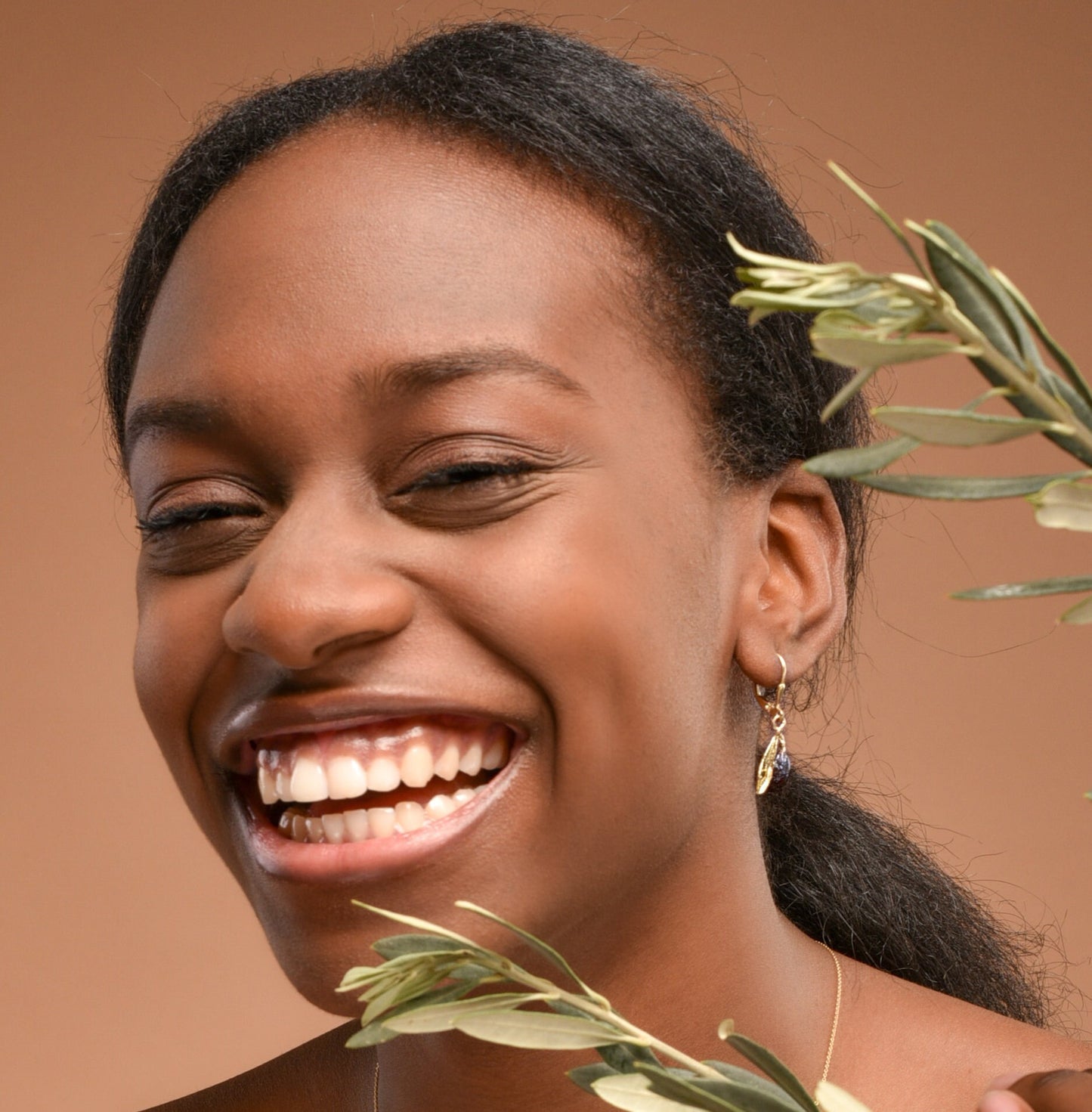 Real Small Olive leaf and fruit Dangle earrings for women 14k Goldplated and Black Rhodium on sterling silver.