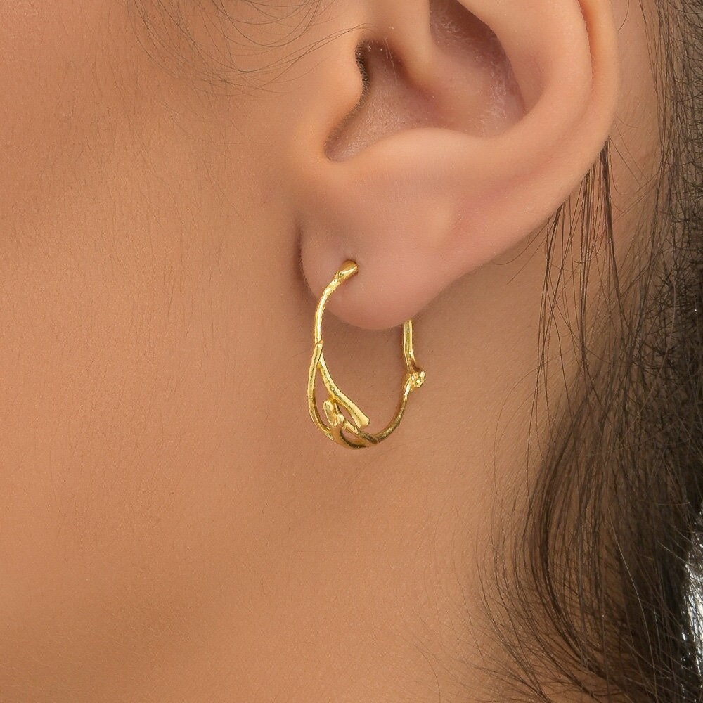 Real gold jewelry - Solid Gold Hoop unisex Earrings . 9k-14k-18k Yellow-White-Rose Gold. Jasmine is symbol of love, divinity and hope.