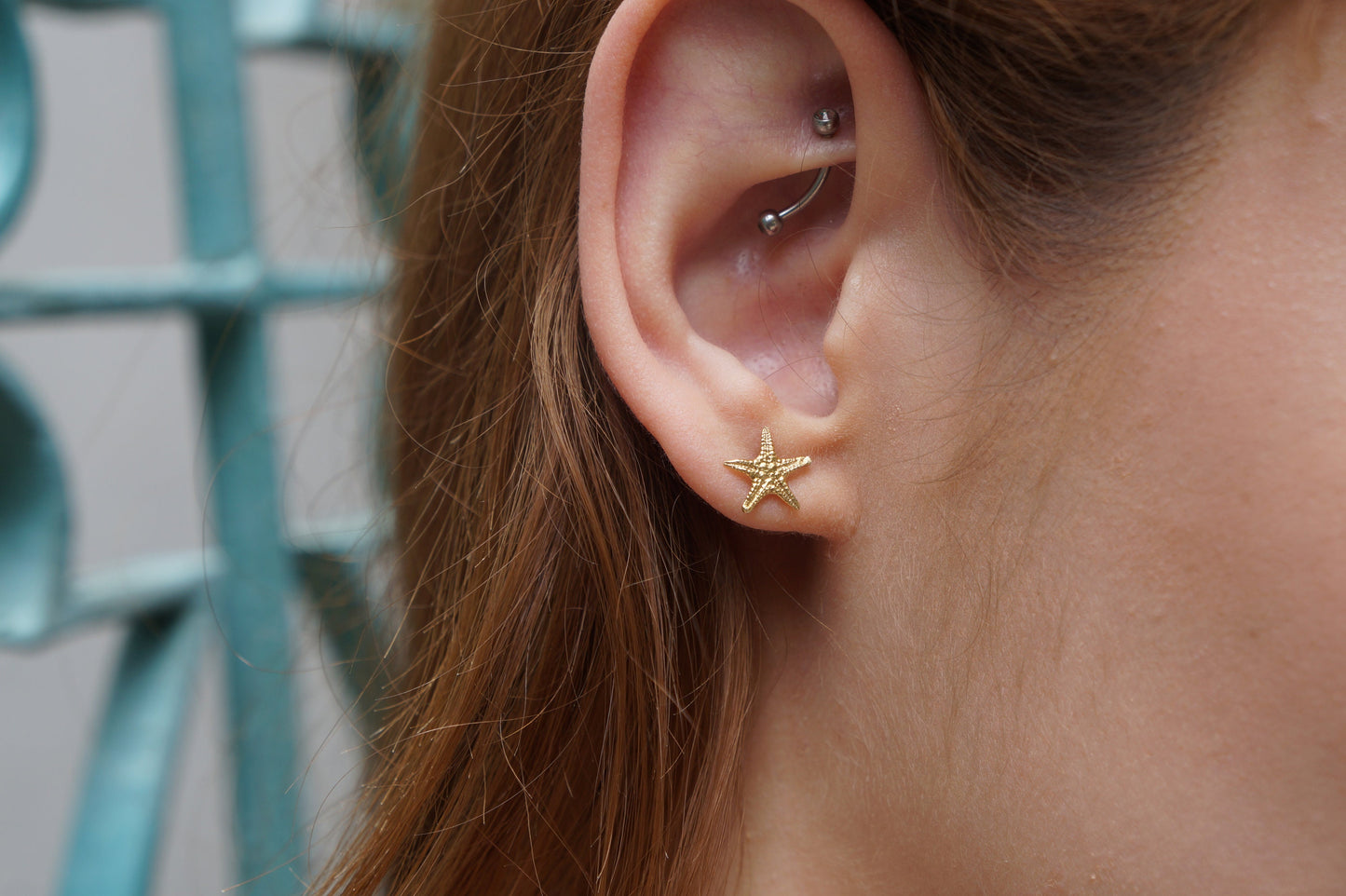 Solid gold stud earrings starfish. Star Fish symbolizes the 5 elements. Earth, Air, Water, Fire, Spirit.