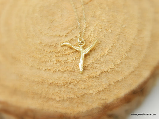 Solid Gold Cross pendant necklace. ANGEL. 9k-14k-18k real gold alternative cross angel from acacia plant leaves and twig.