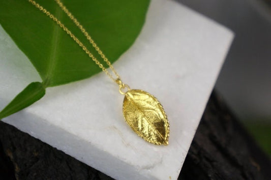 Solid gold necklace with leaf pendant. Real Rose leaf, 9k-14k-18k Yellow or white gold with or without Gold Chain.